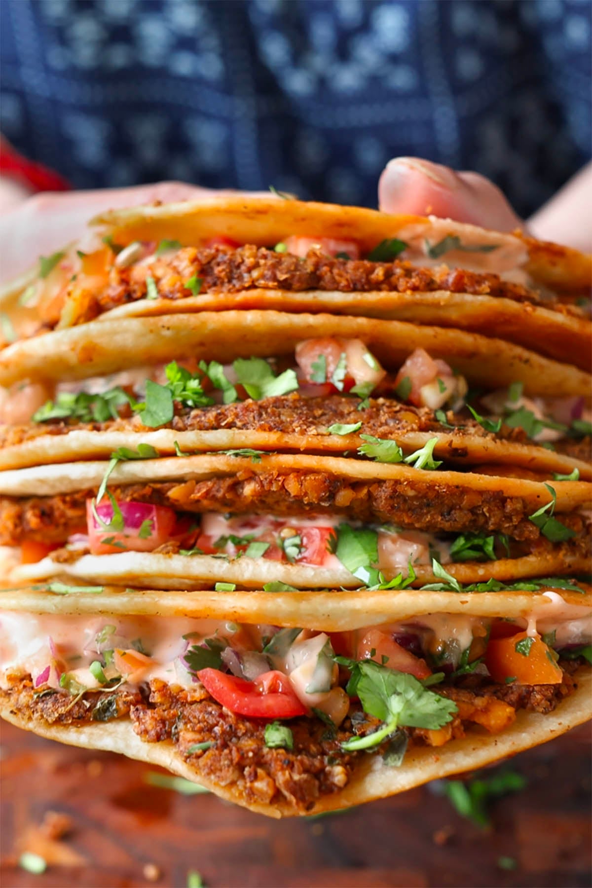 folded smash burger tacos made with the chickpea mushroom mixture