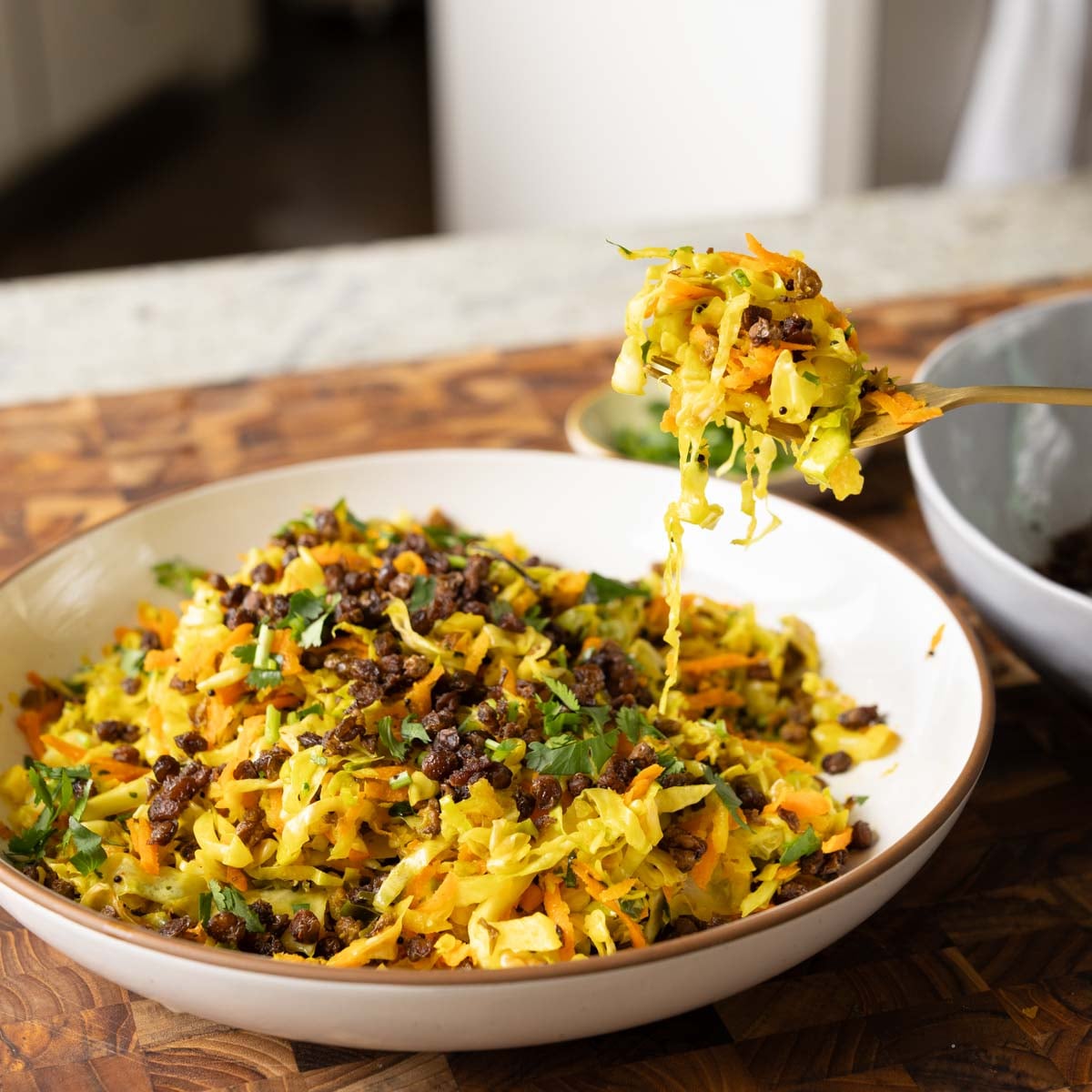 Sambharo (Indian Spiced Cabbage Carrot Beet Salad) with Crispy Lentils