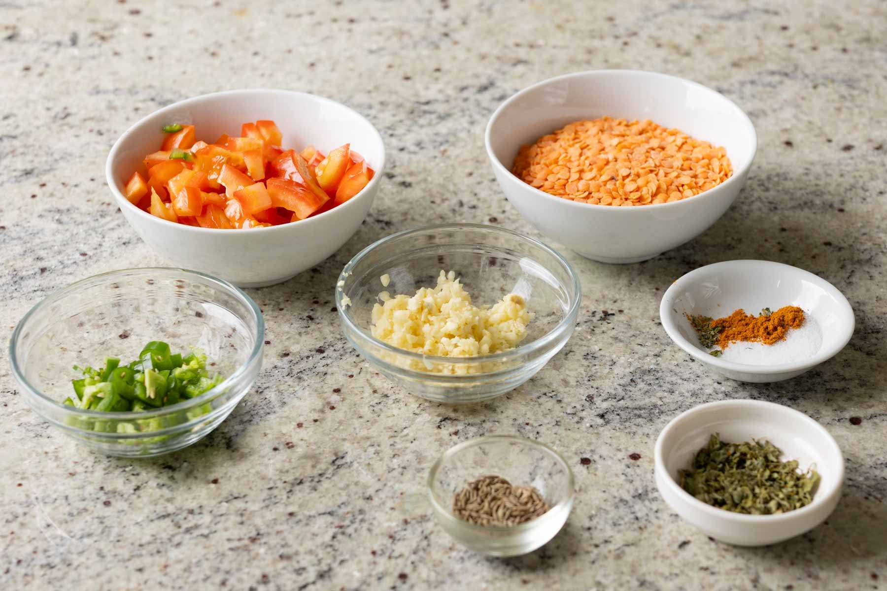 Jeera dal ingredients on the kitchen counter