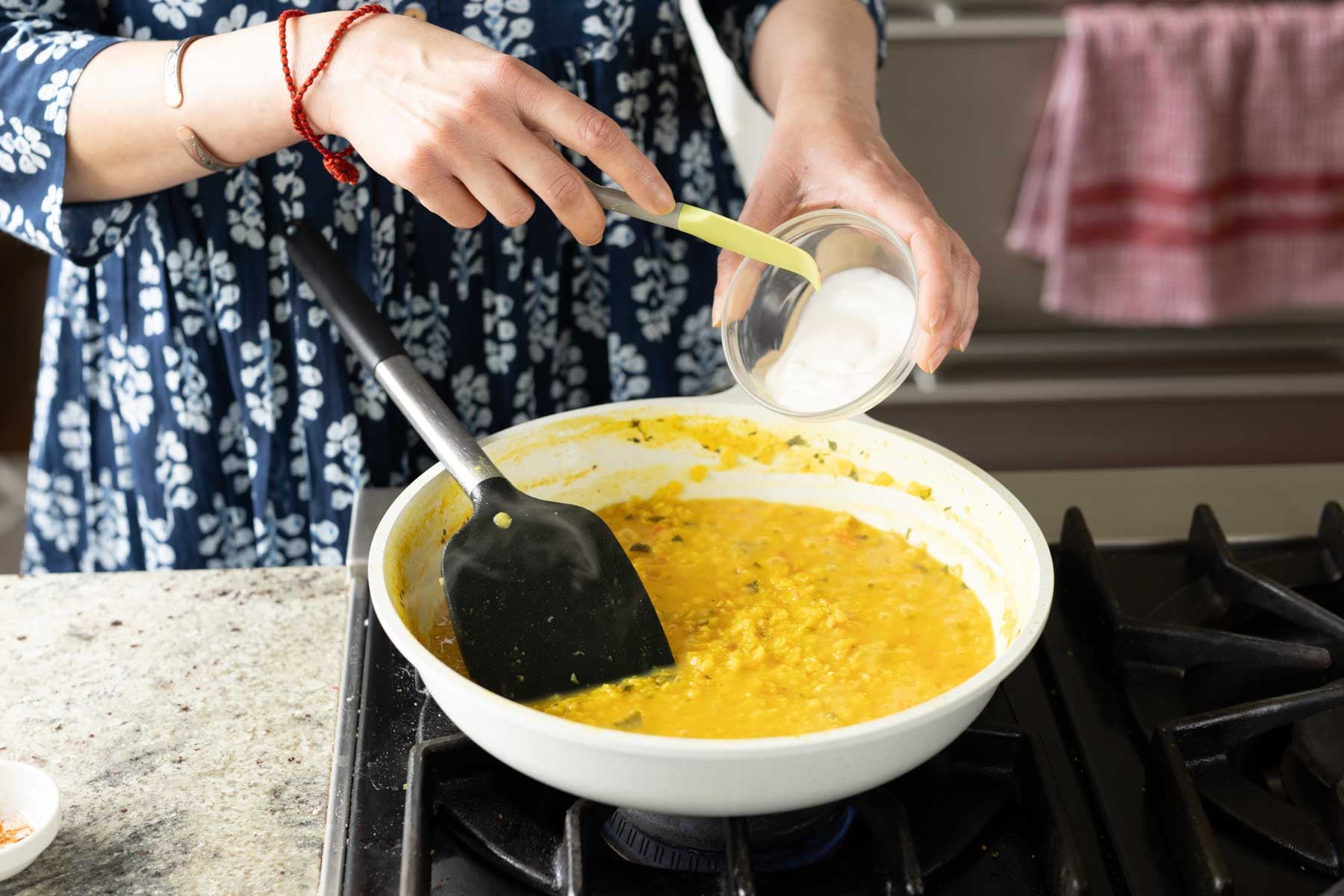 adding non-dairy yogurt to the dal for extra creaminess