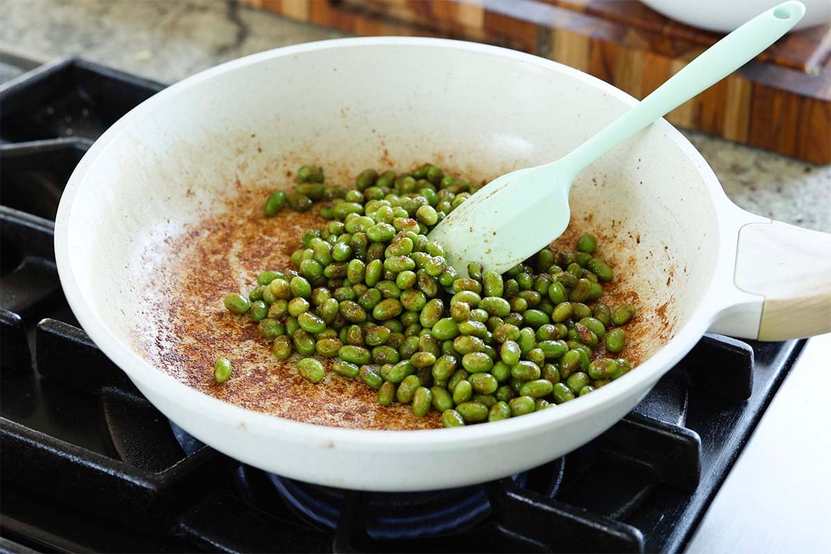 edamame in the pan after cooking