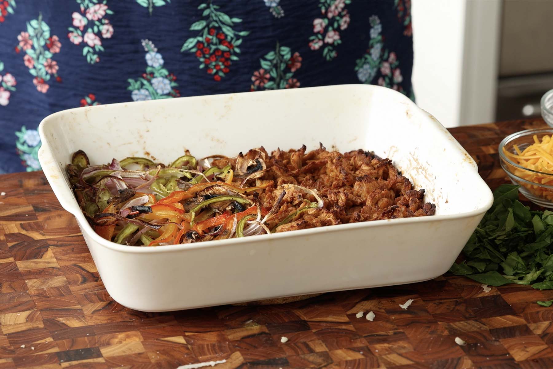 soy curls and veggies in the pan after baking