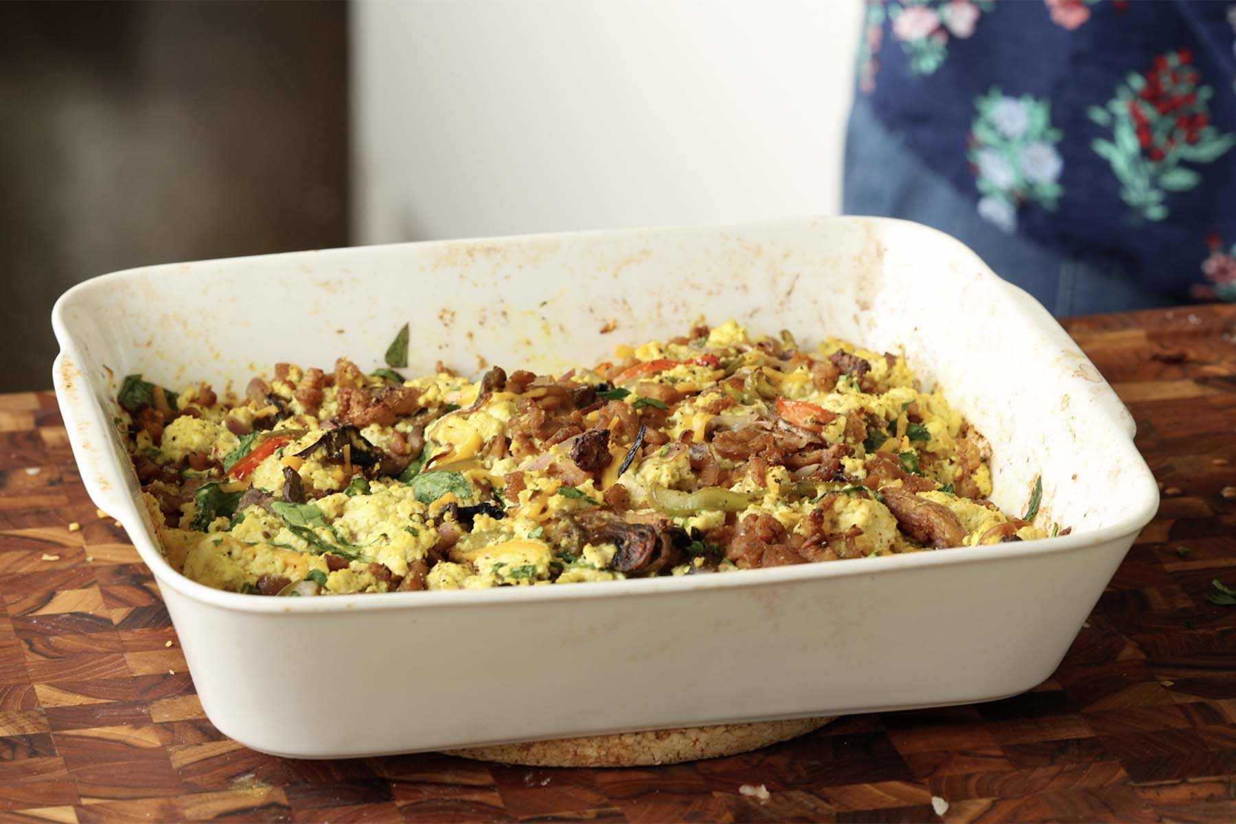 vegan steak and eggs in the pan after baking