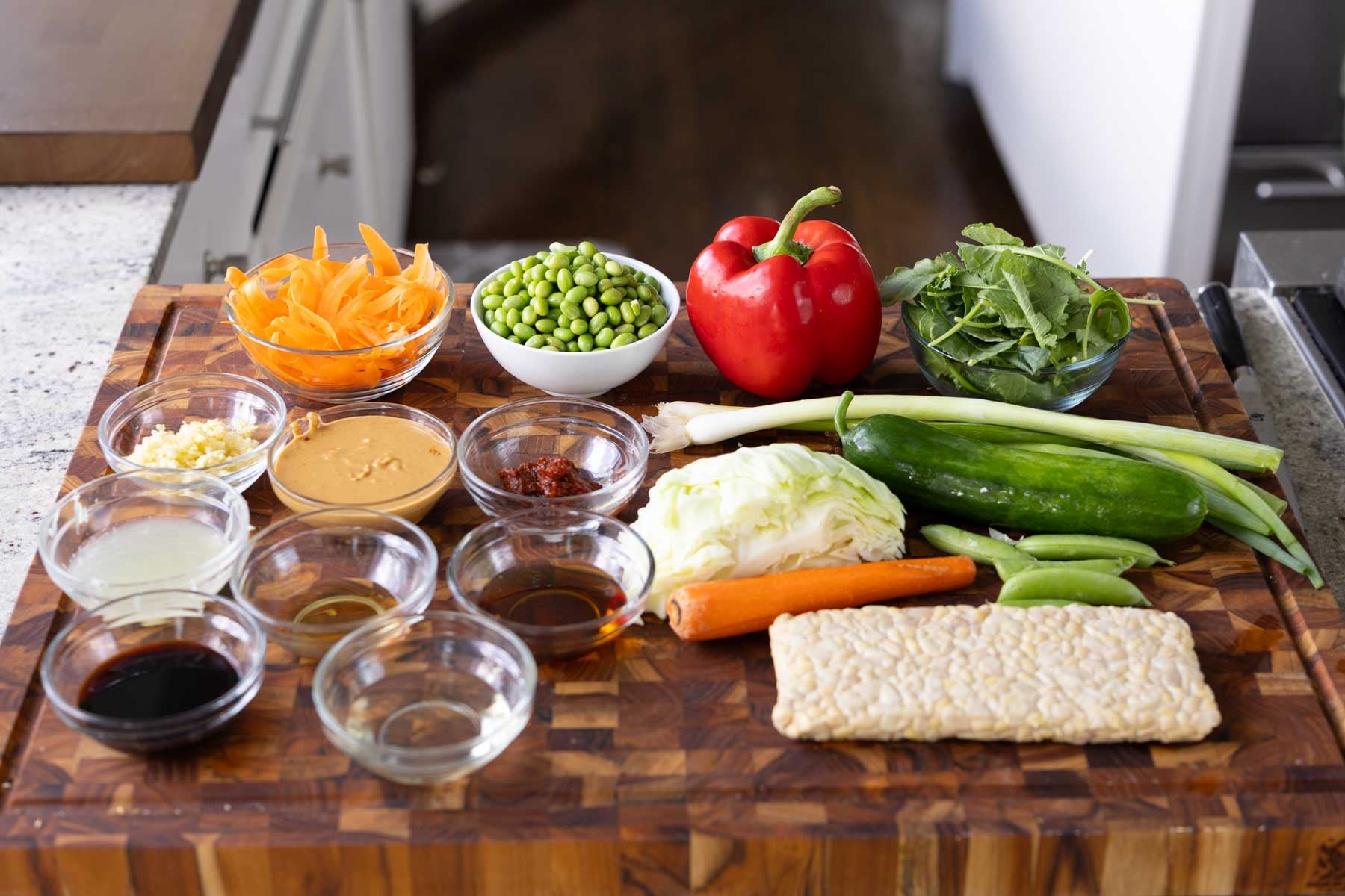 gochujang salad ingredients on the kitchen counter