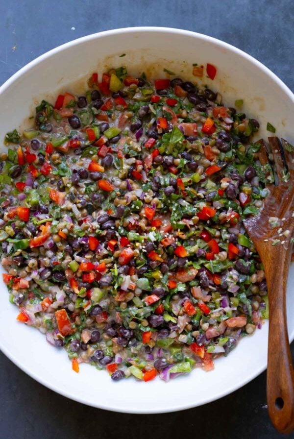 dense bean salad in the bowl after mixing
