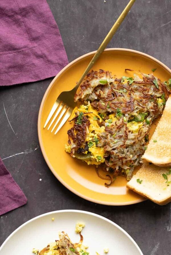 plate with hashbrown casserole and toast
