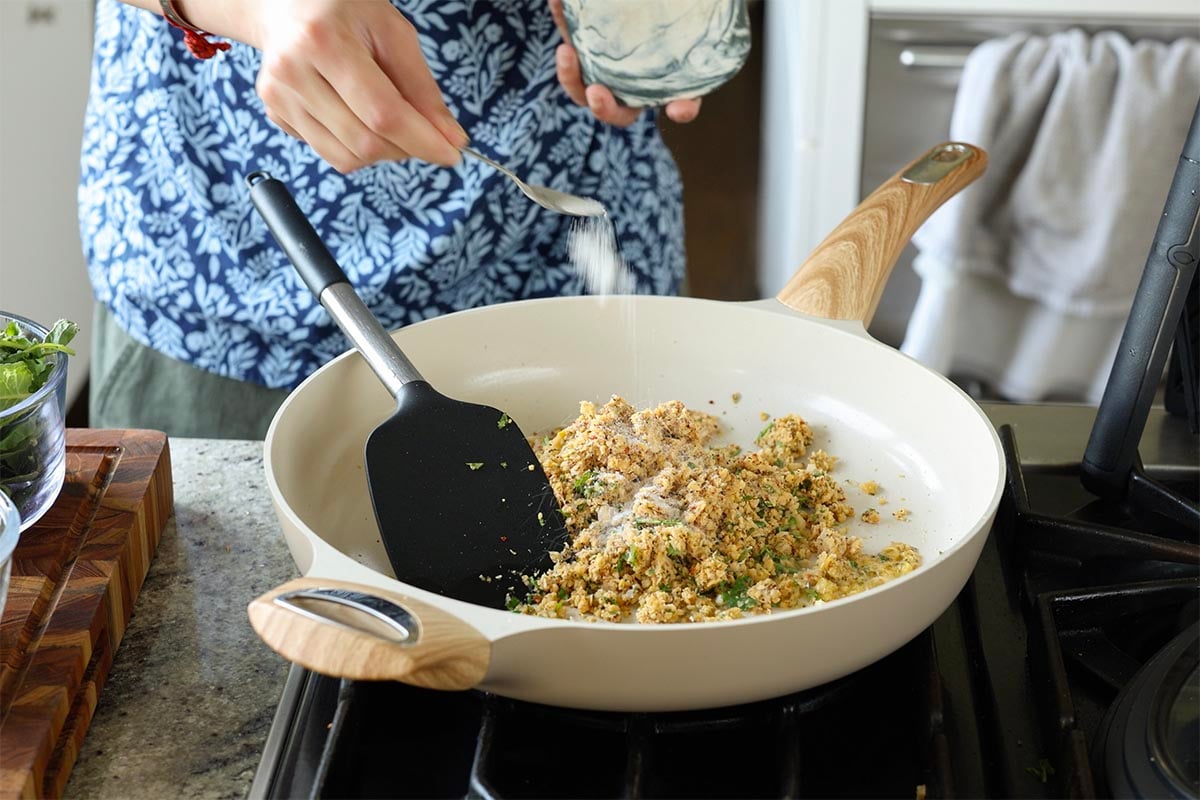 adding chickpea mixture to the pan