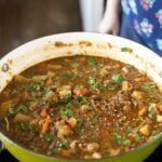 lentil potato soup in the pan after cooking