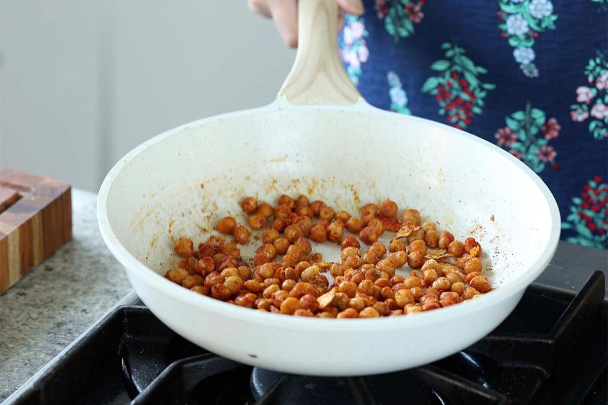 crispy chickpeas in the pan after cooking