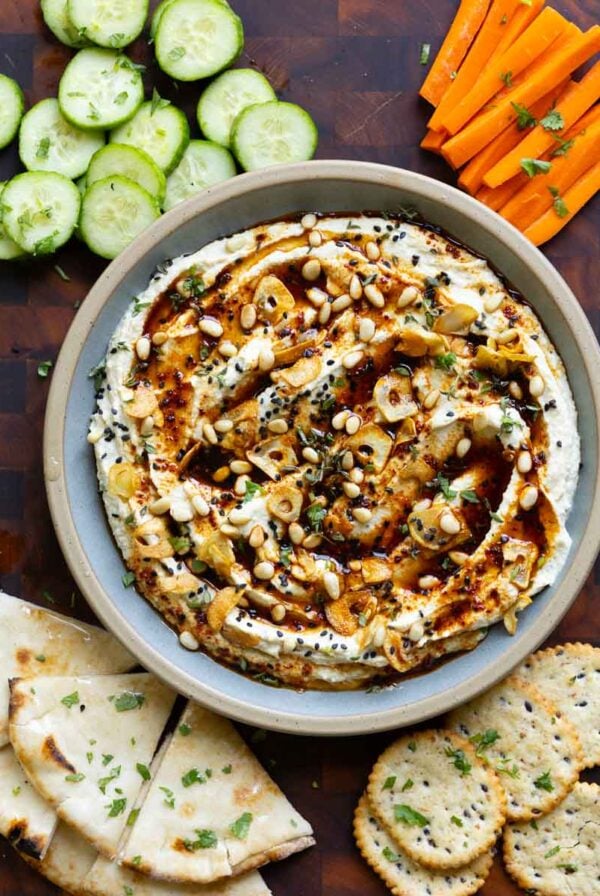 whipped feta platter with veggies and crackers to dip