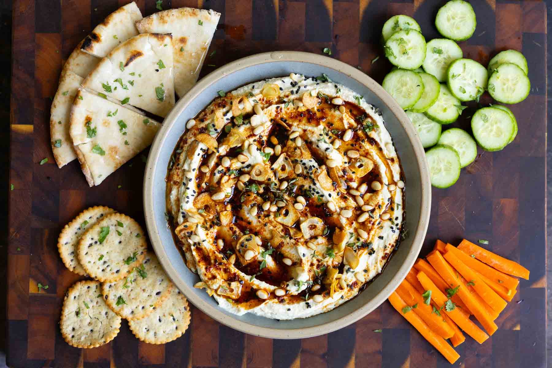 whipped feta platter with veggies and crackers to dip