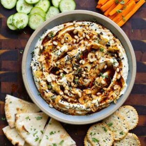 whipped feta platter with veggies and crackers to dip