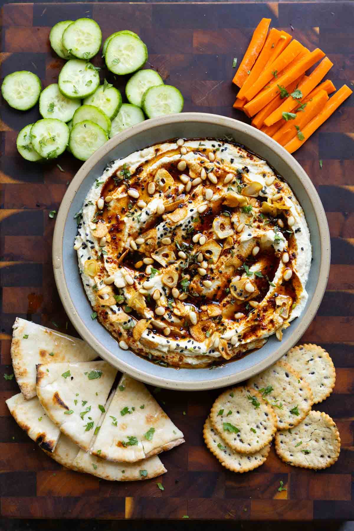 whipped feta platter with veggies and crackers to dip