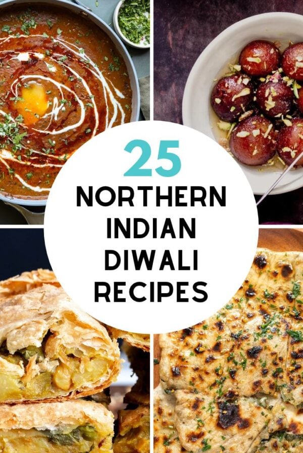 dal makhani, gulab jamin, samosa pie and spinach and cheese naan in a photo grid.