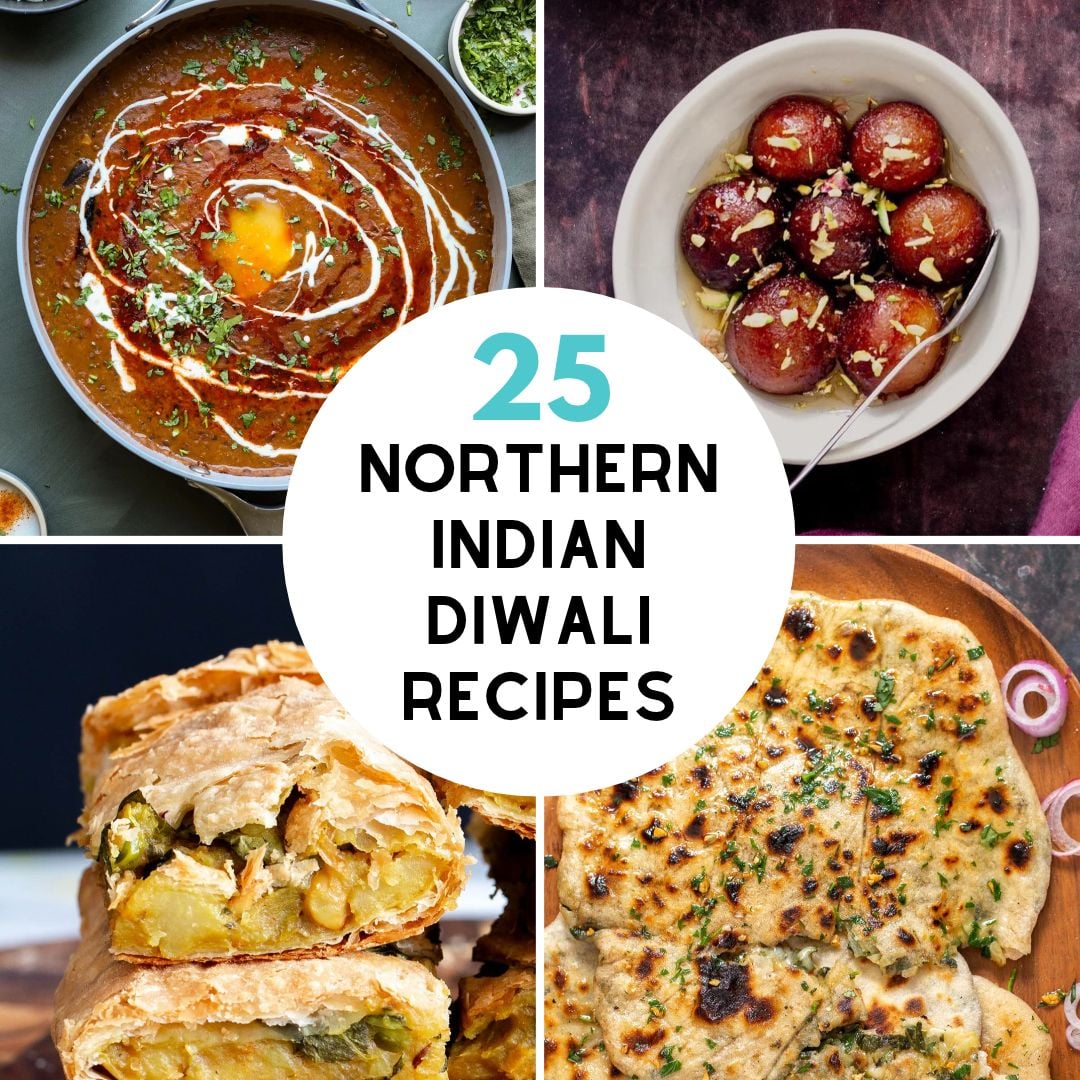 dal makhani, gulab jamin, samosa pie and spinach and cheese naan in a photo grid.