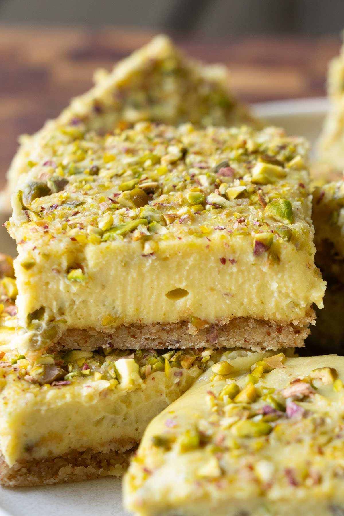 extreme close-up of a kesar pista bar on a plate